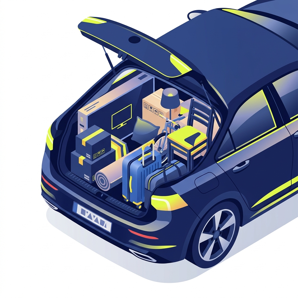 Ilustración de objetos organizados en un maletero de coche con calculadora 3D